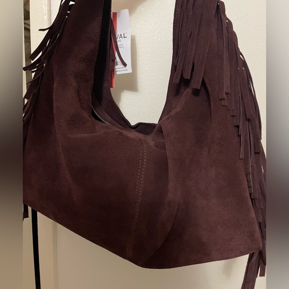 Genuine Leather Burgundy Purple Suede Fringe Hobo Shoulder Bag - Picture 8 of 8